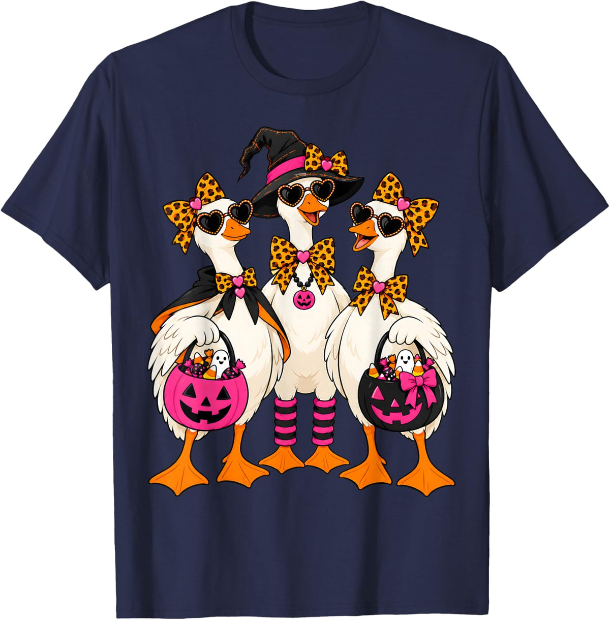 Goose Witch Leopard Bow Pumpkin Goose Halloween T-Shirt - Navy Blue