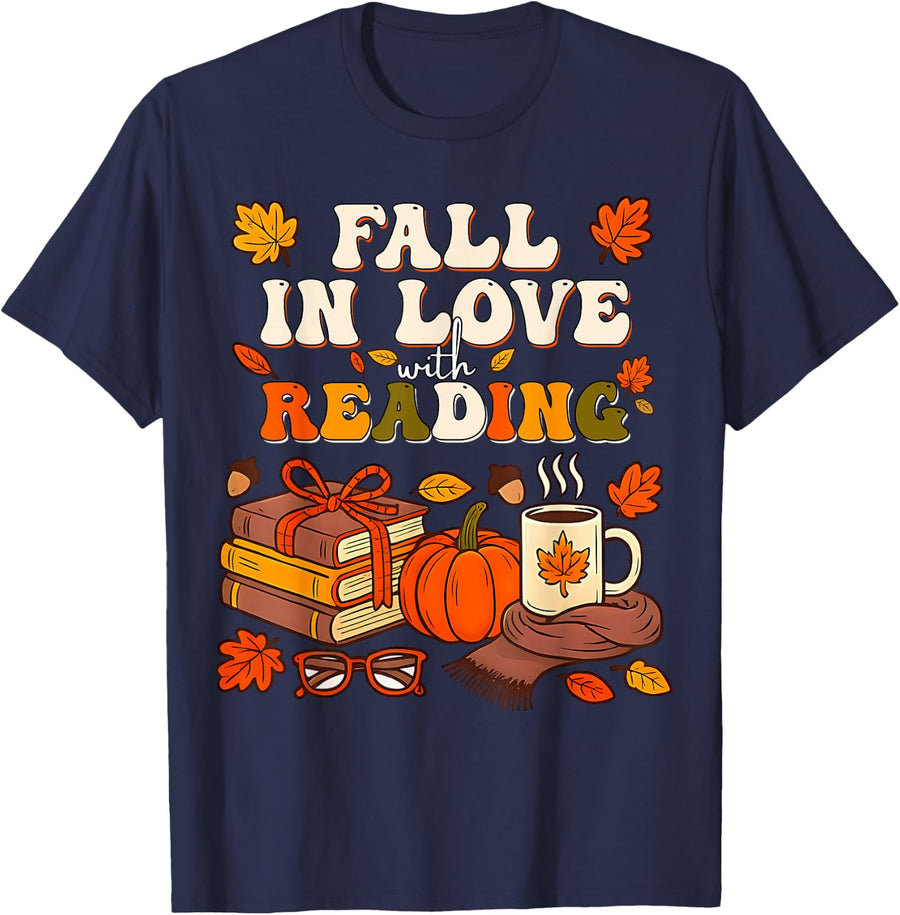Fall in Love with Reading Shirt Autumn Librarian Cute Book Lover Tee T-Shirt for Women Men - Navy Blue