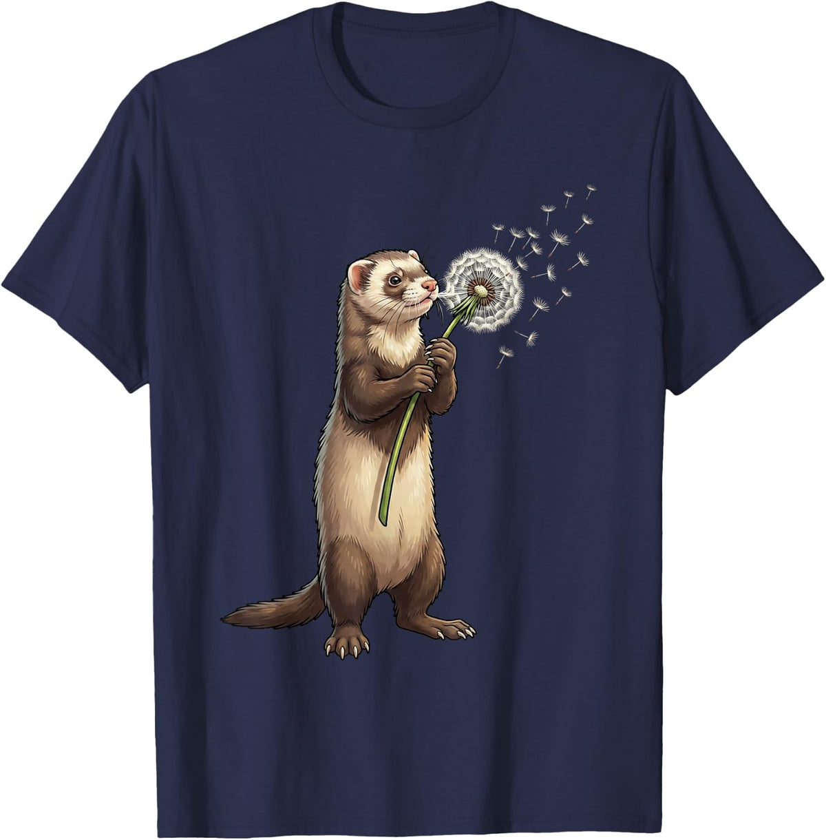 Ferret Dandelion Art Animal Wildflower T-Shirt - Navy Blue
