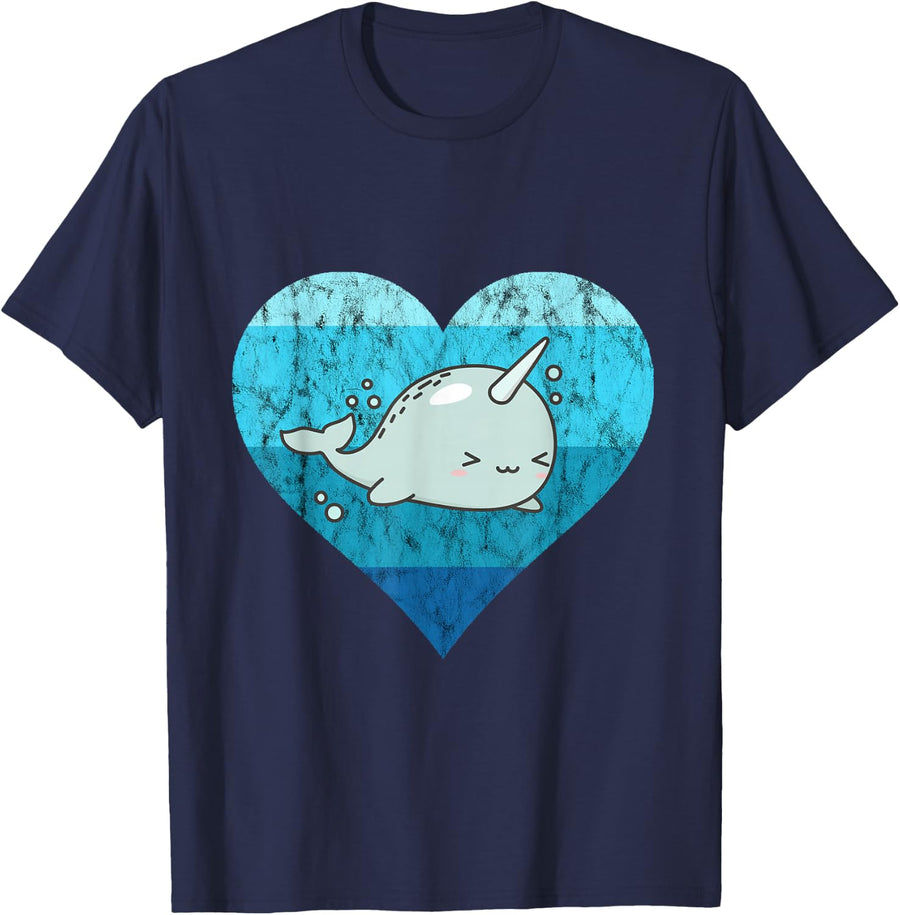 Cute Narwhal Mammal Whale Fish Retro Vintage Ocean Water T-Shirt - Navy Blue