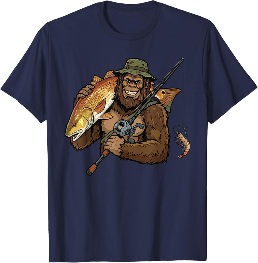 Redfish Fishing Funny Bigfoot T-Shirt - Navy Blue
