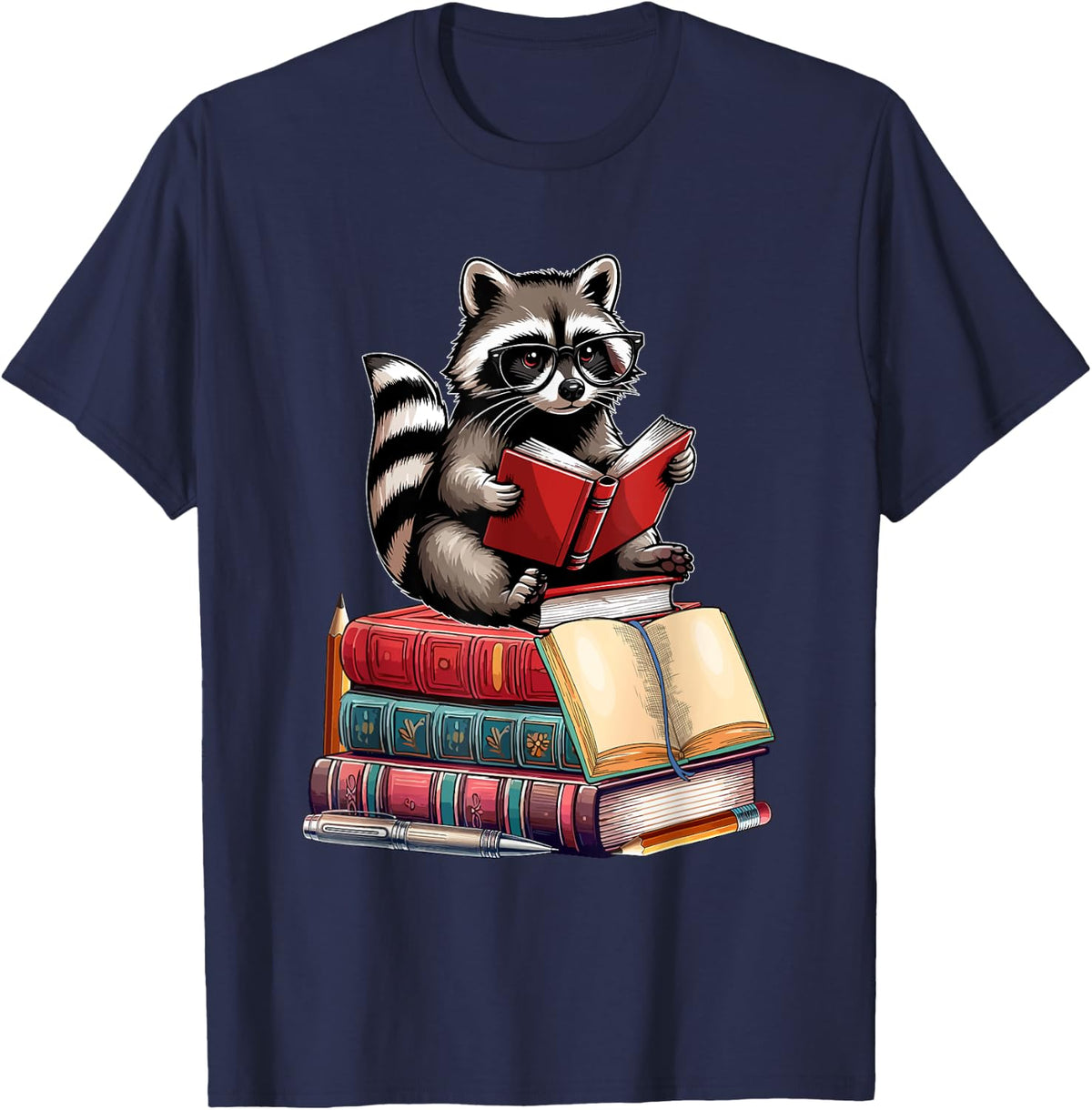 Raccoon Reading Books Matching Bookworm Readers Librarian T-Shirt - Navy Blue