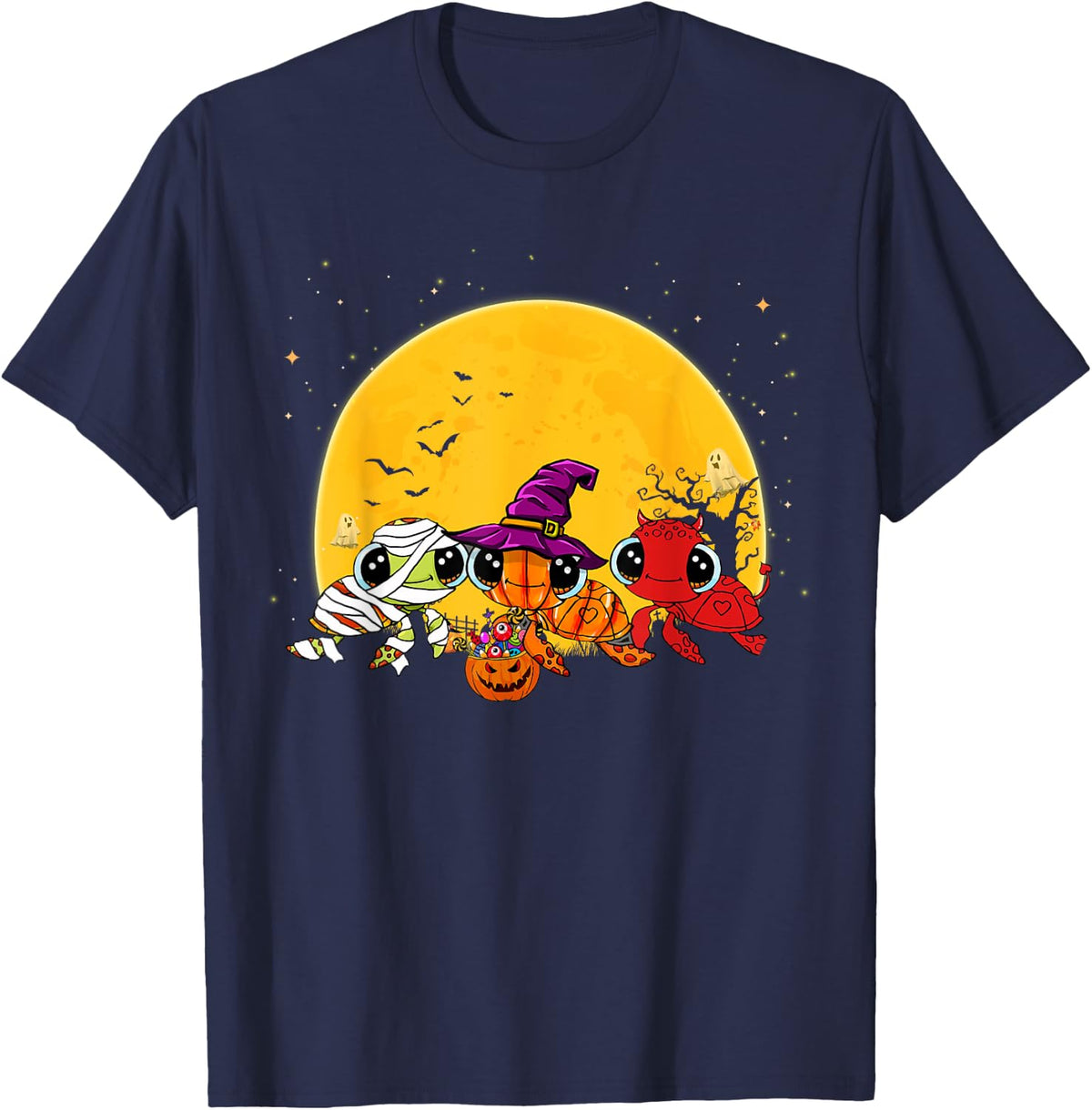 Spooky Sea Turtle Witch Pumpkin Devil Halloween Costume T-Shirt - Navy Blue
