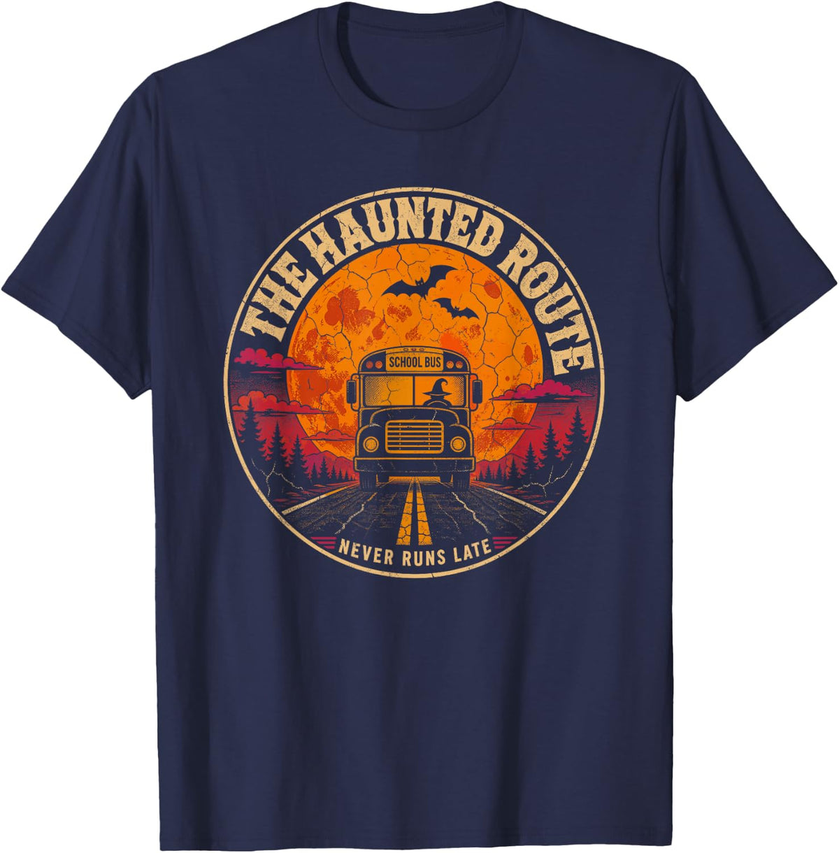 School Bus Drivers Haunted Route Never Late Retro Halloween T-Shirt - Navy Blue