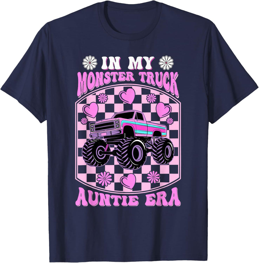 Groovy In My Monster Truck Auntie Era T-Shirt Tee for Women Adults Aunt Gift - Navy Blue