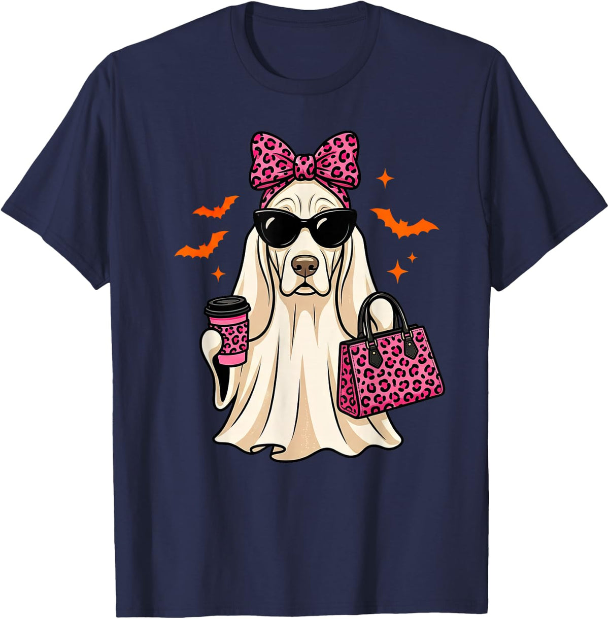 Funny Basset Hound Ghost Leopard Halloween Womens Girls Kids T-Shirt - Navy Blue