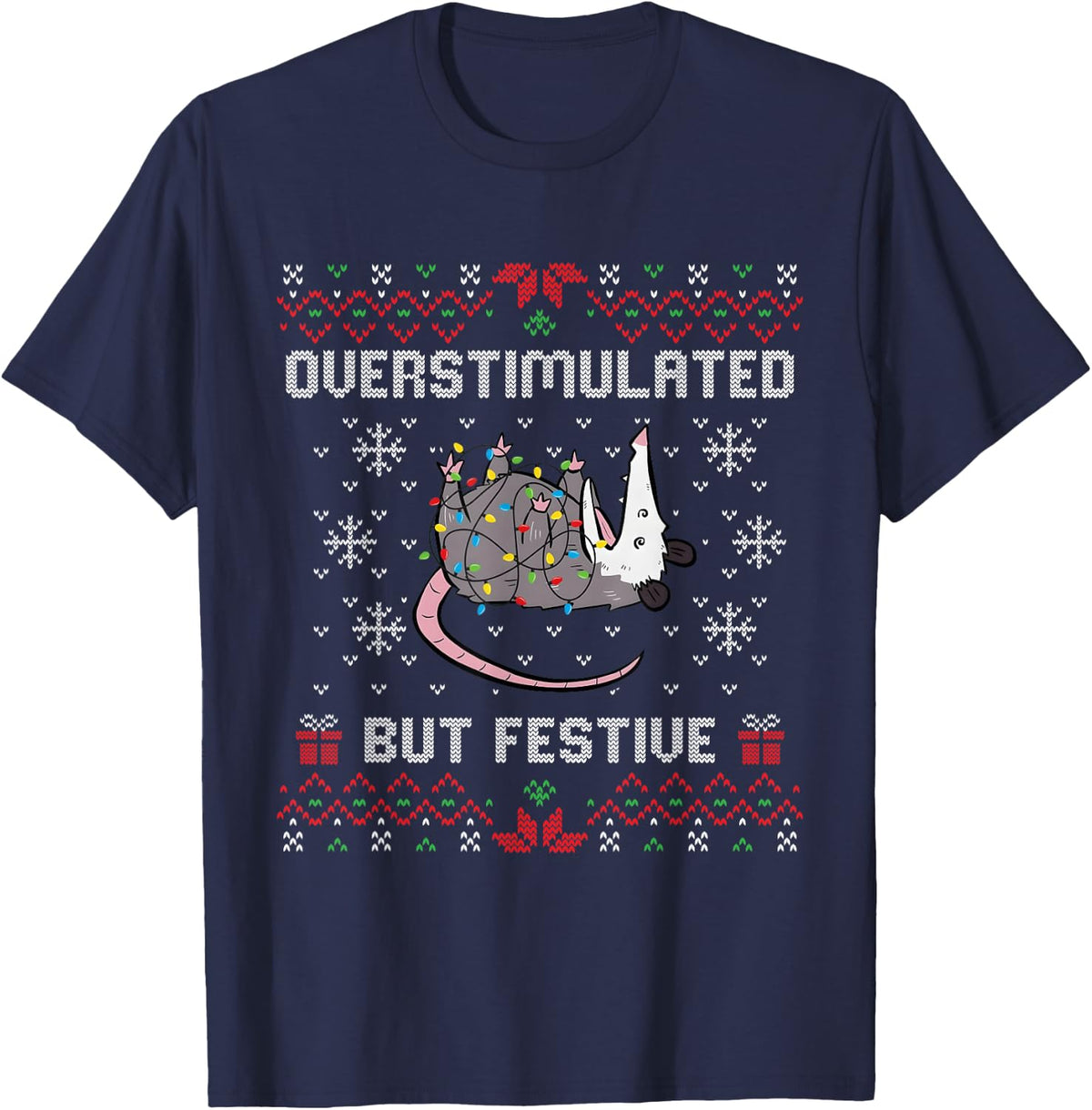 Overstimulated But Festive Possum Ugly Christmas T-Shirt - Navy Blue