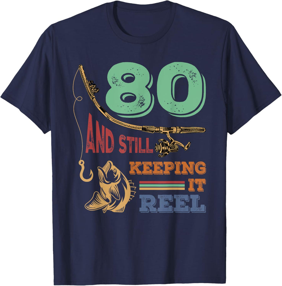 80th Birthday Fishing | Turning 80 | Fisherman Mens Pun Gift T-Shirt - Navy Blue