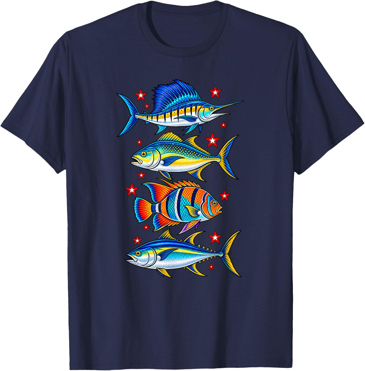 Saltwater Fishing Sailfish Tuna Tropical Fish Stars T-Shirt - Navy Blue