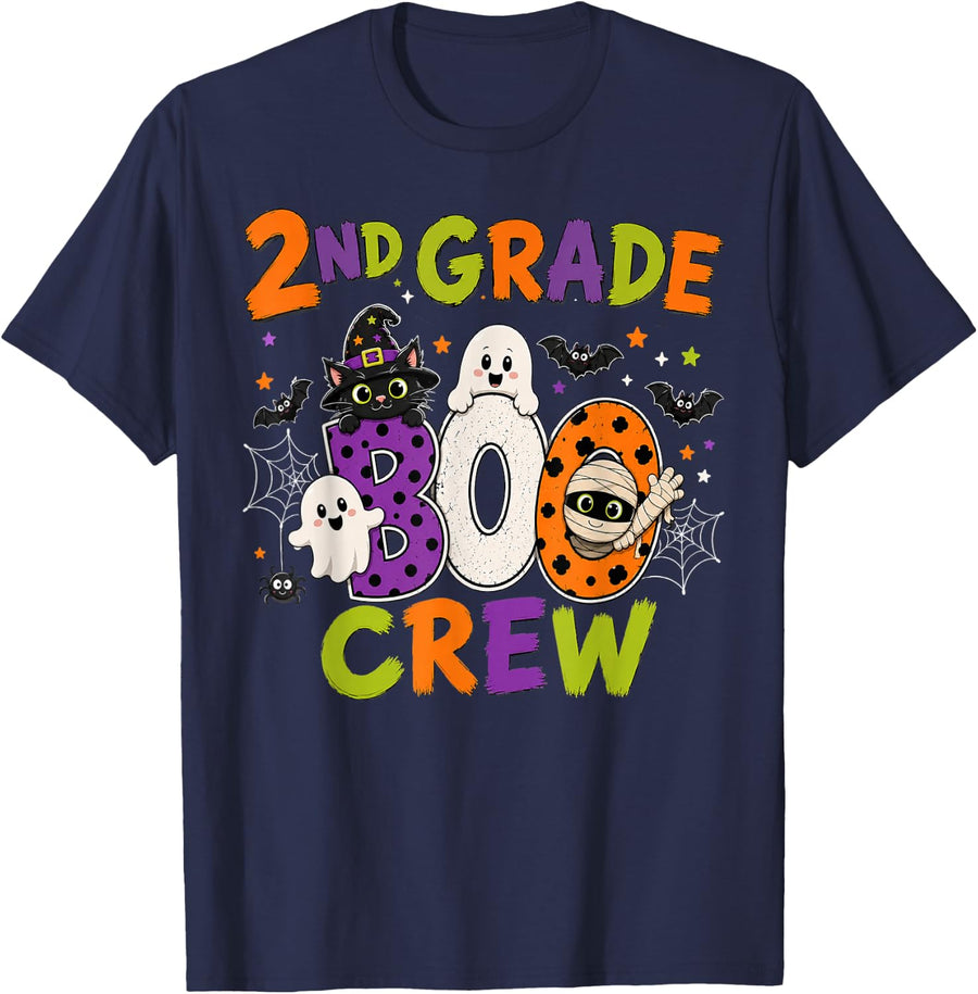 2nd Grade Boo Crew Student Teacher Ghost Halloween Costume T-Shirt - Navy Blue