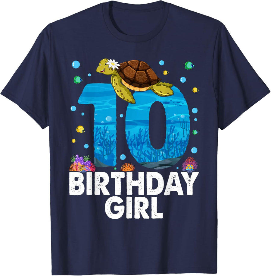 10 Year Old Birthday Girl 10th Sea Turtle Ocean T-Shirt - Navy Blue