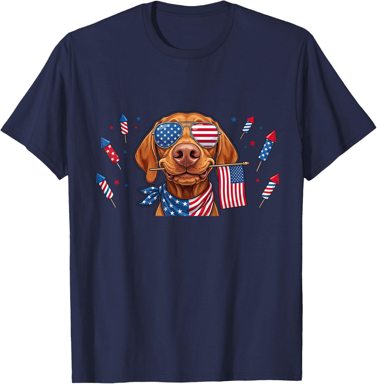 Funny Vizsla Dog American USA Flag Memorial Day 4th of July T-Shirt - Navy Blue