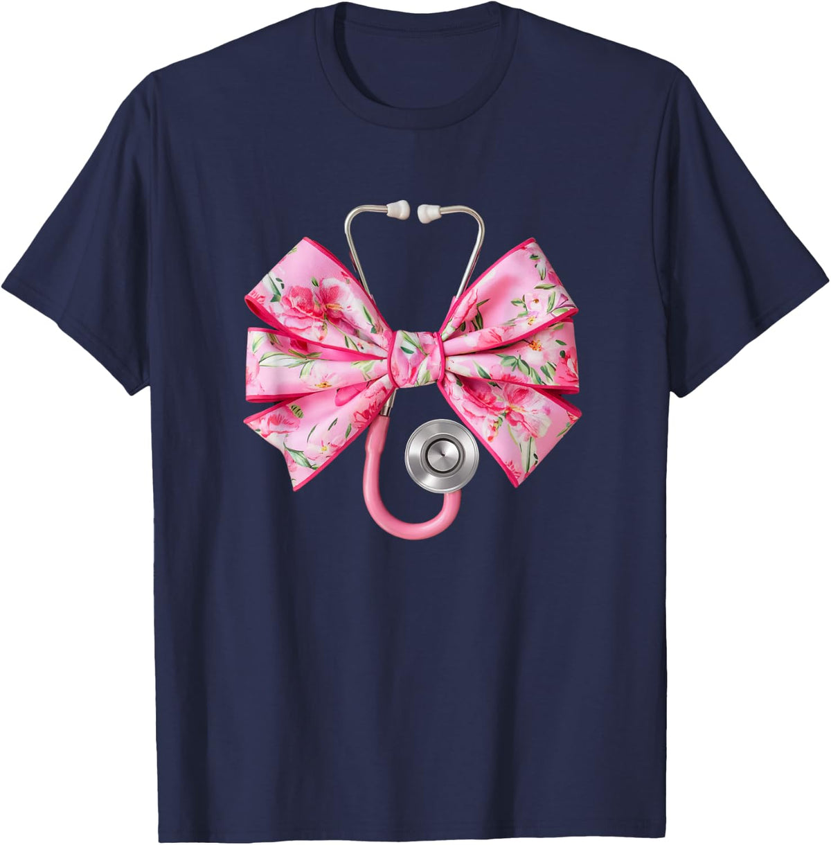 Pink Coquette Nurse Stethoscope Bow Nurse Appreciation T-Shirt - Navy Blue