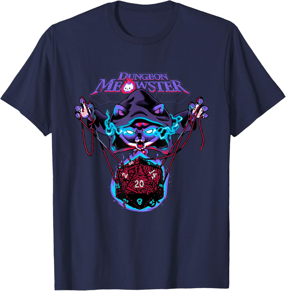 Dungeon Meowster Funny Nerdy Gamer Cat D20 Tabletop RPG T-Shirt - Navy Blue