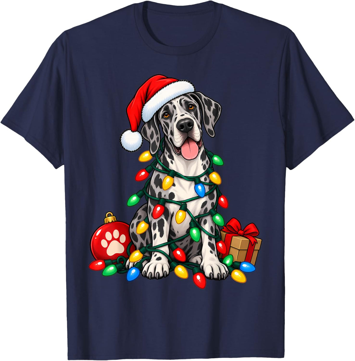 Santa Great Dane Christmas Lights Funny Dog Lover Xmas T-Shirt - Navy Blue