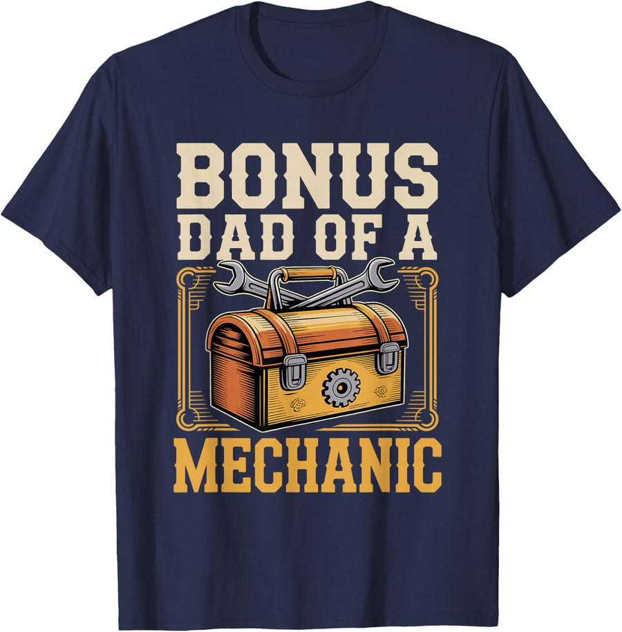 Bonus Dad of a Mechanic Stepdad T-Shirt - Navy Blue