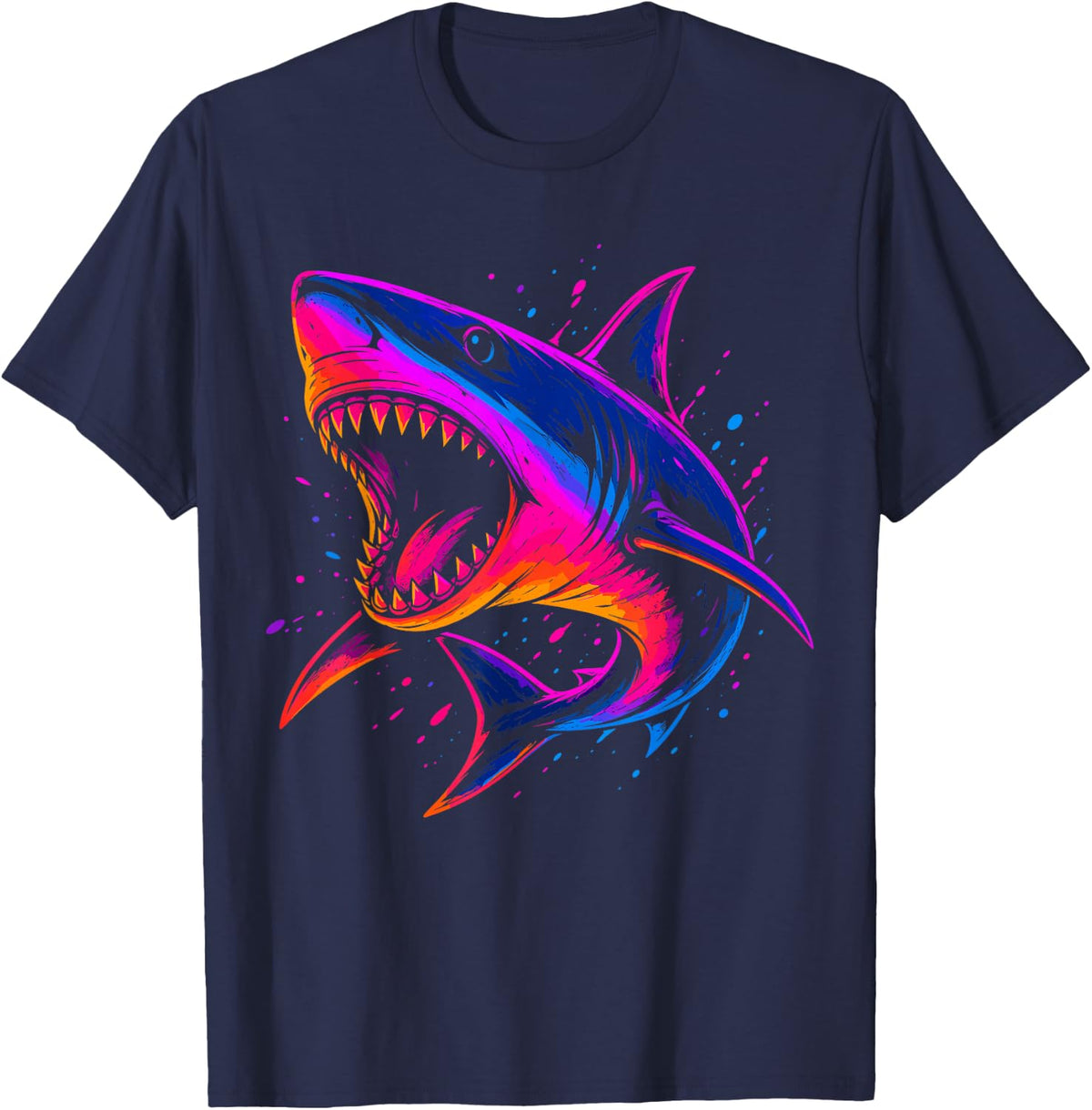 White Shark Retro Synthwave Ocean Art Predator T-Shirt - Navy Blue