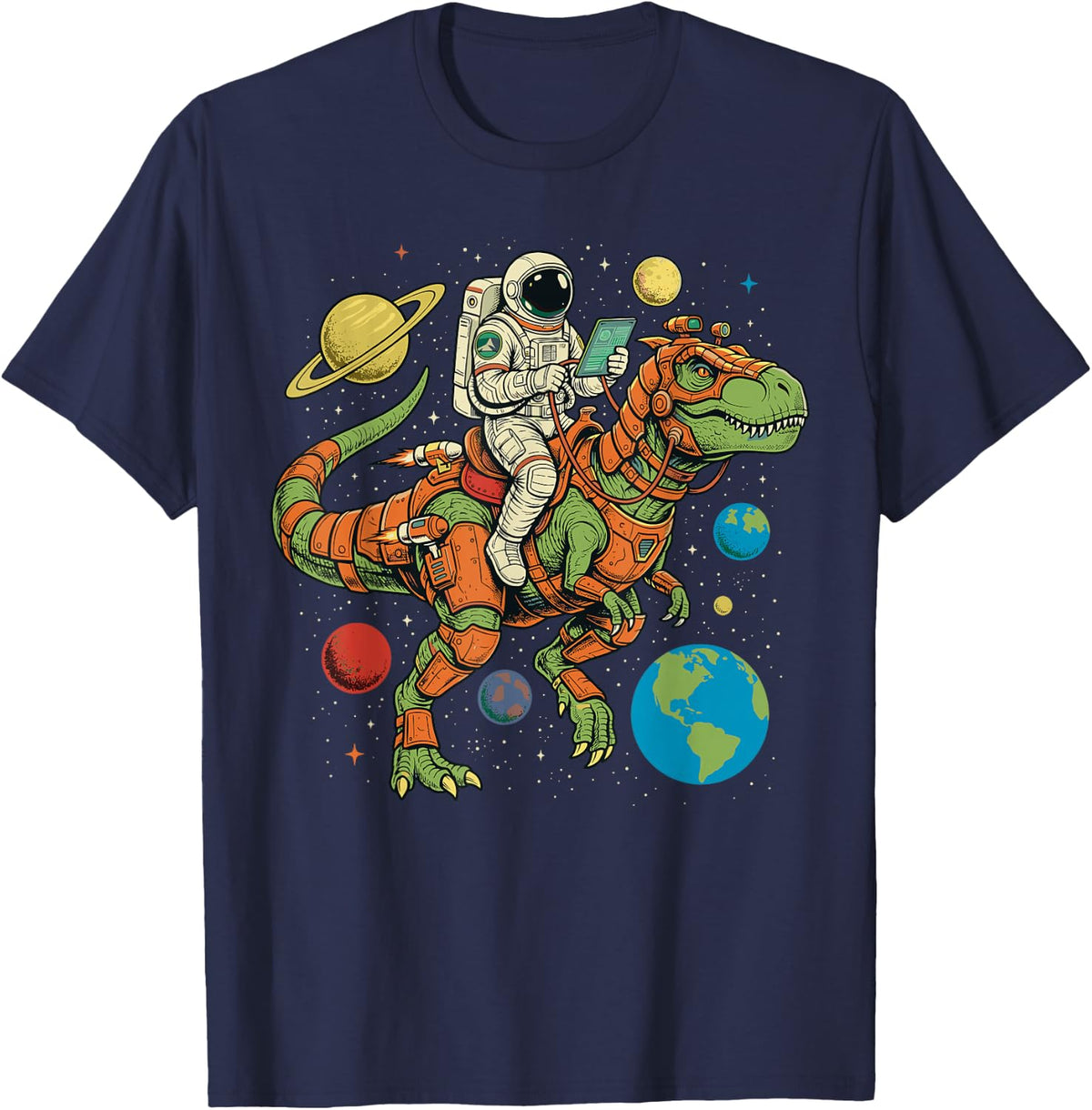 Astronaut Riding T-Rex Outer Space Retro Sci-Fi Dinosaur T-Shirt - Navy Blue