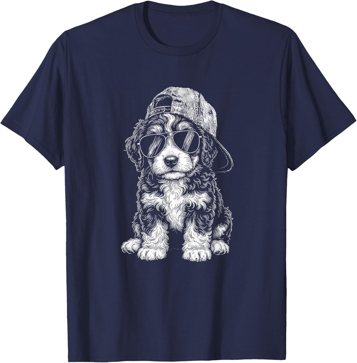 Bernedoodle Puppy w Cap and Sunglasses T-Shirt - Navy Blue