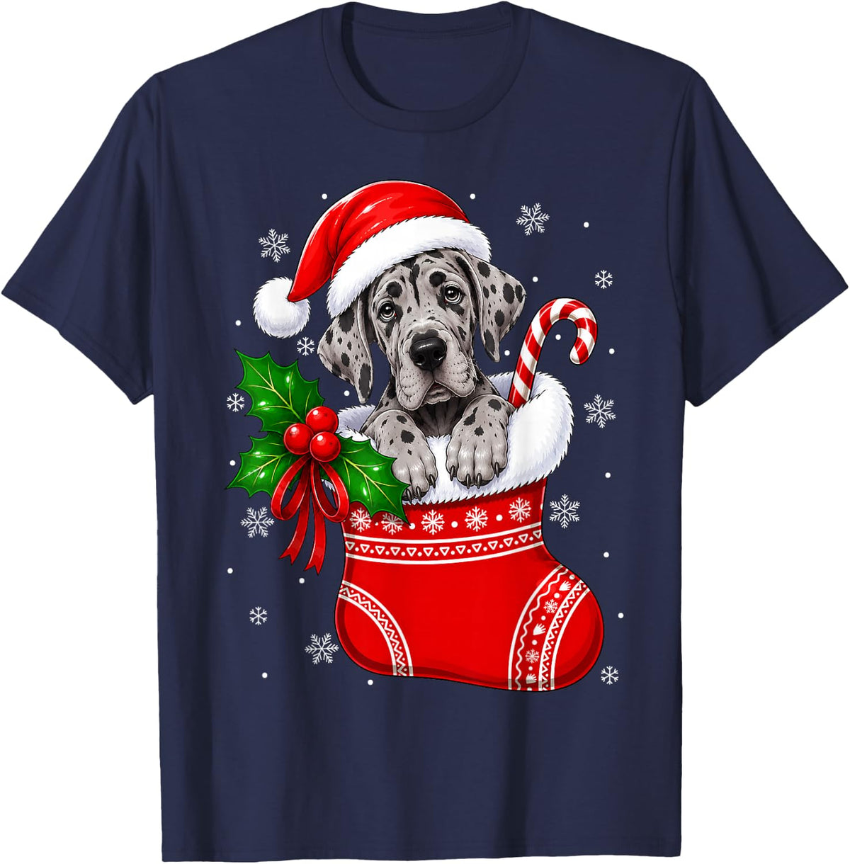 Great Dane Dog Christmas Stocking Cute Festive Xmas T-Shirt - Navy Blue