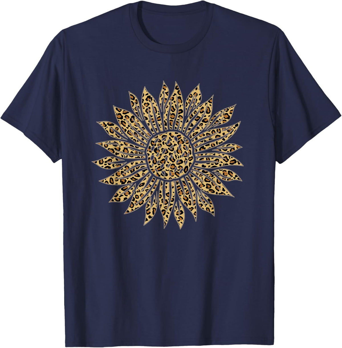 Sunflower Leopard Print Pattern Women Cheetah Animal T-Shirt - Navy Blue