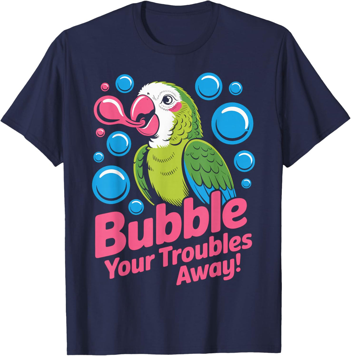 Bubble Your Troubles Away Parrot Design T-Shirt - Navy Blue