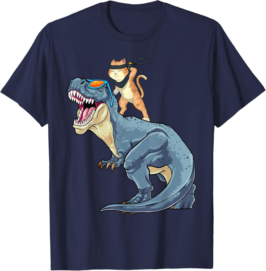 Samurai Cat Shirt Retro Ninja Japanese Cat Riding Dinosaur T-Rex Tees T Shirts - Navy Blue