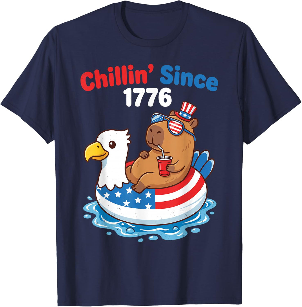 Chillin Since 1776 Capybara 4th of July Bald Eagle Pool Tees T-Shirt - Navy Blue