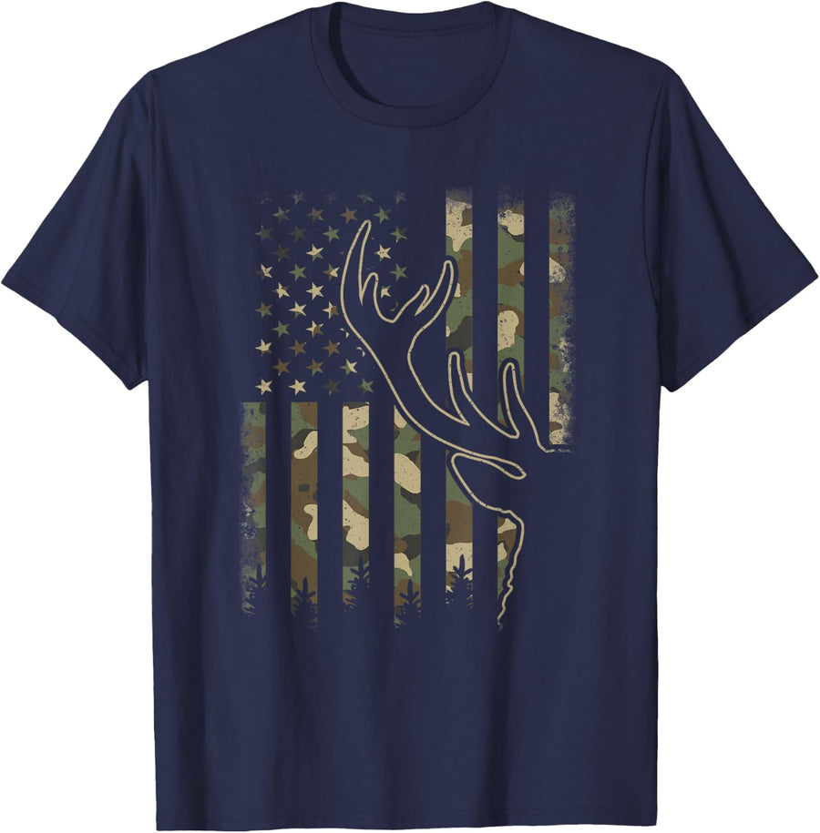 Camo US Flag Elk Buck Deer Hunting Tees T-Shirts for Men Hunter Camouflage - Navy Blue