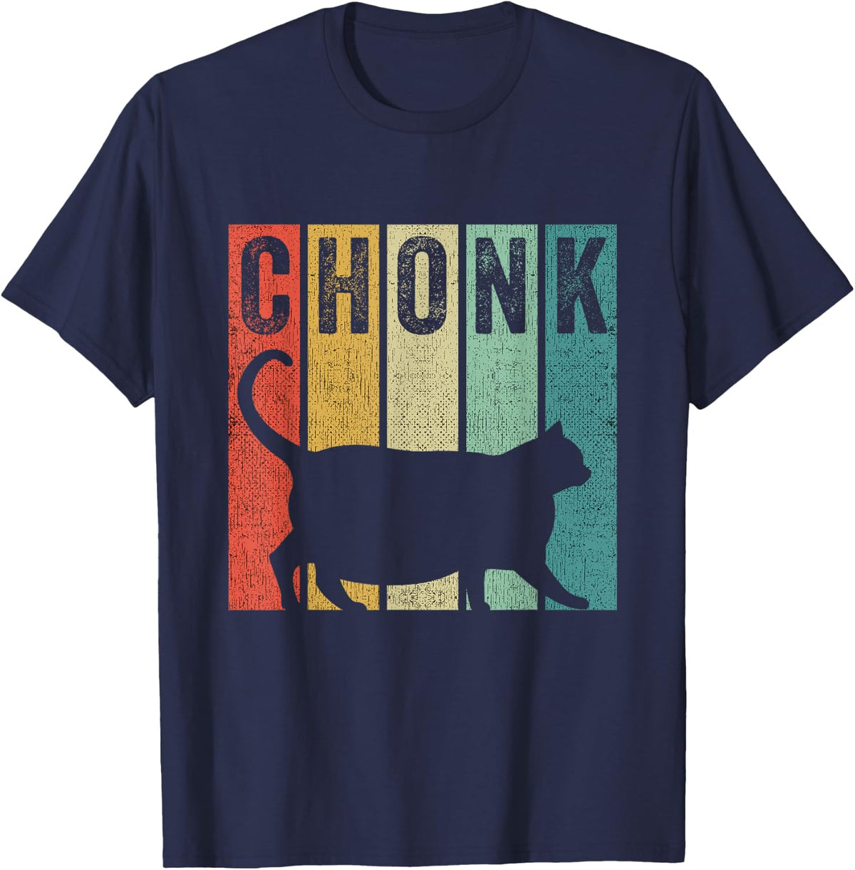 Chonk Distressed 70s 80s Retro Style Funny Fat Cat Meme T-Shirt - Navy Blue
