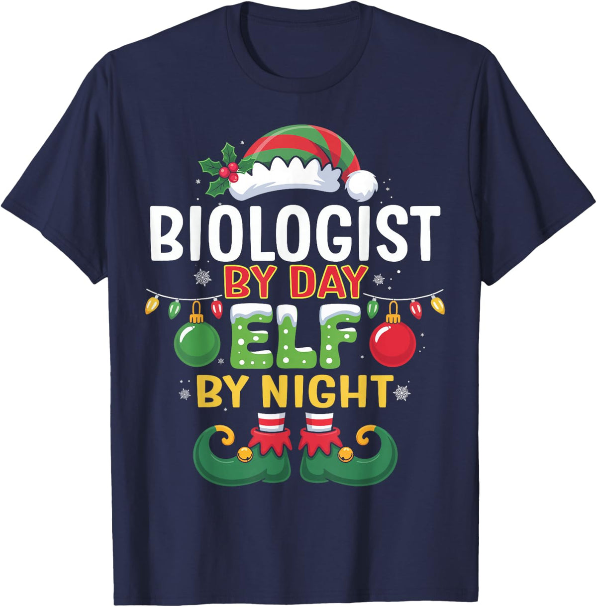 Christmas Biologist By Day Elf By Night Matching T-Shirt - Navy Blue