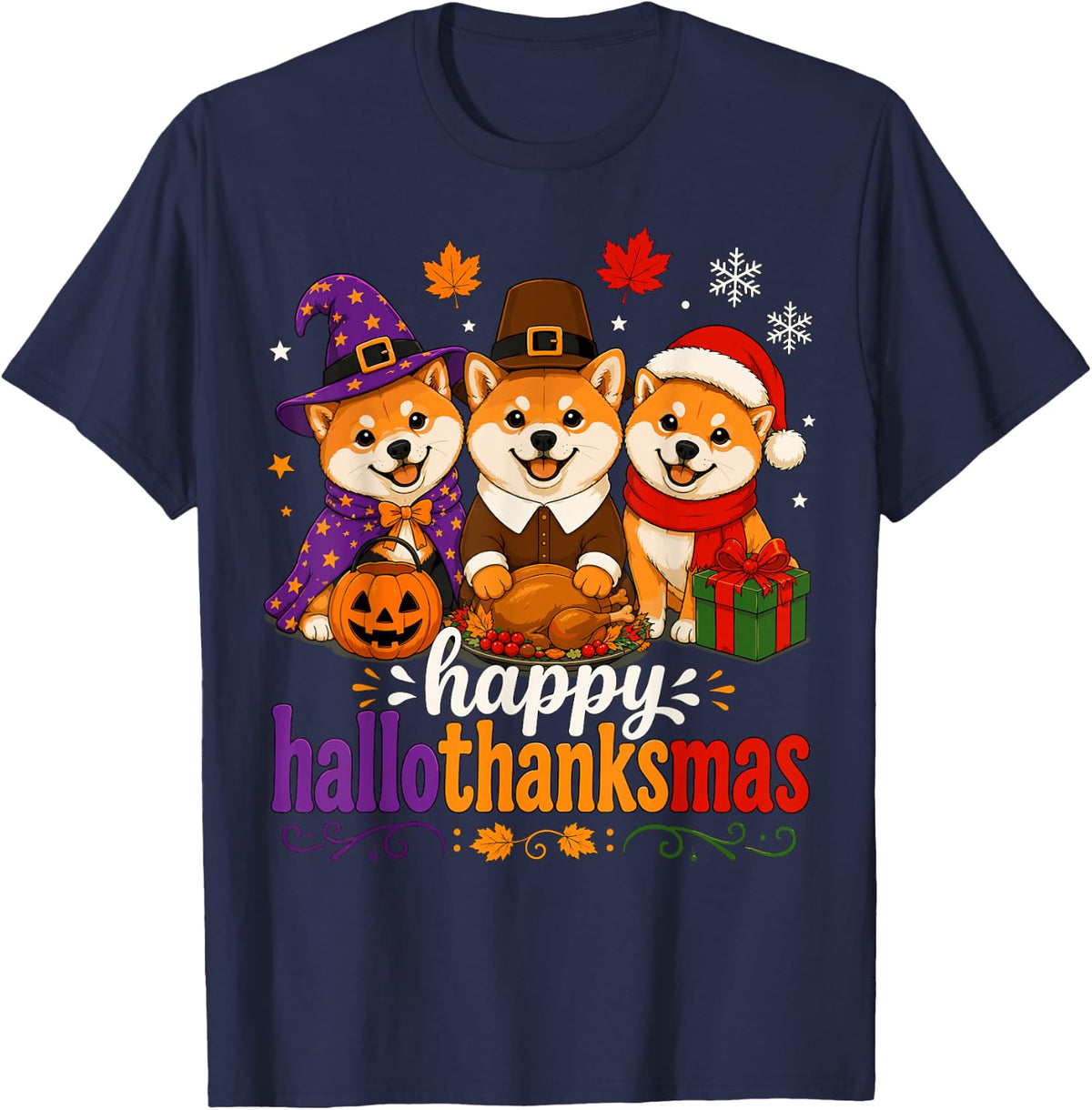 Happy Hallothanksmas Shiba Inu Dog Lover T-Shirt - Navy Blue