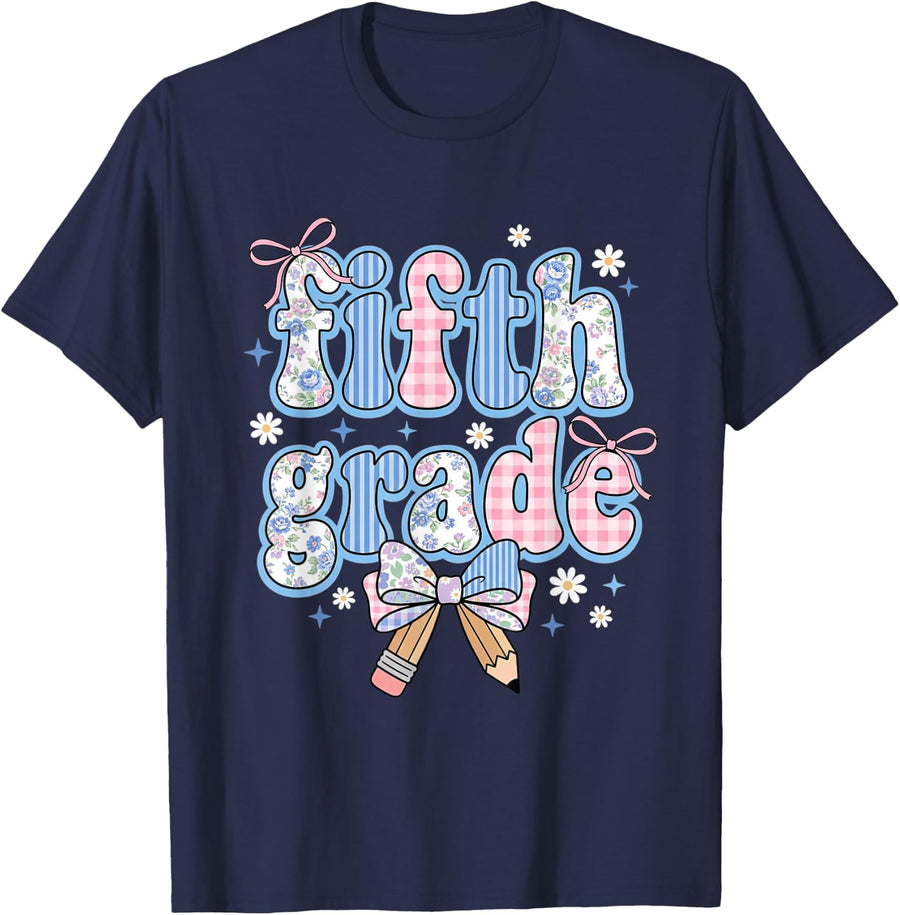 Fifth Grade Girls Back to School Coquette Floral Bow T-Shirt - Navy Blue