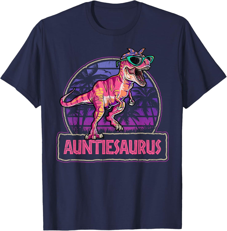 Auntiesaurus T Rex Dinosaur Auntie Saurus Family Matching T-Shirt - Navy Blue