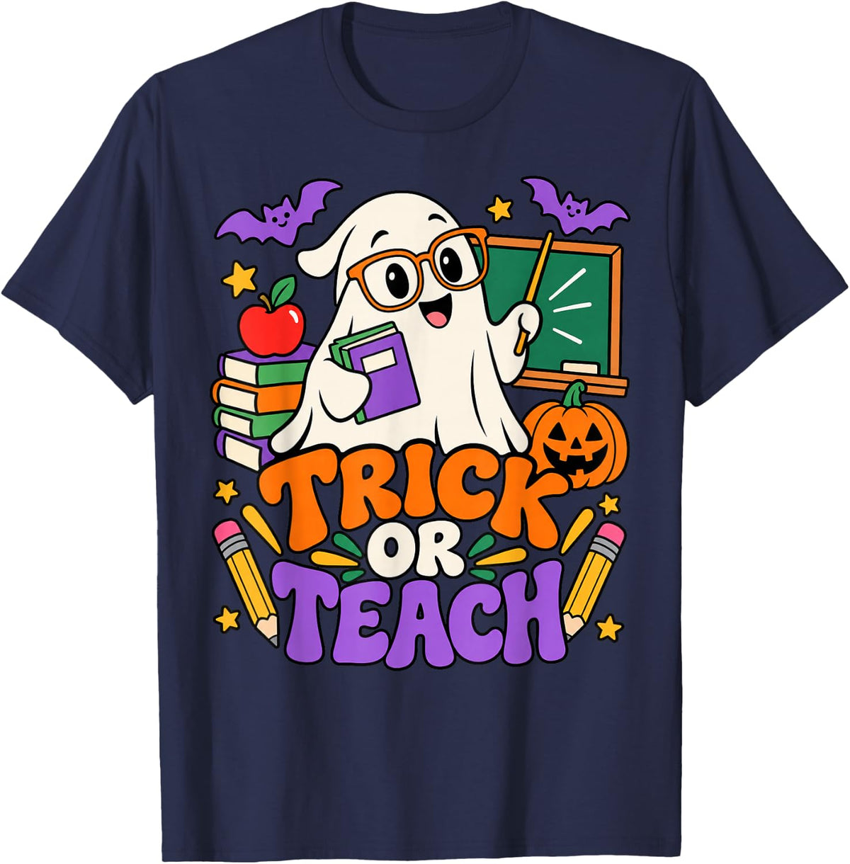 Trick or Teach Funny Spooky Ghost Halloween Teacher Women T-Shirt - Navy Blue
