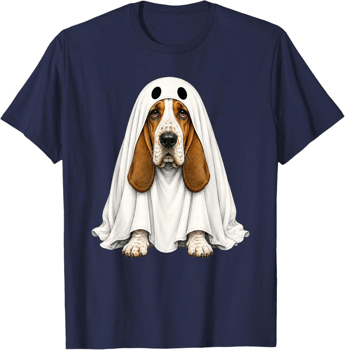 Basset Hound Dog Ghost Halloween T-Shirt - Navy Blue