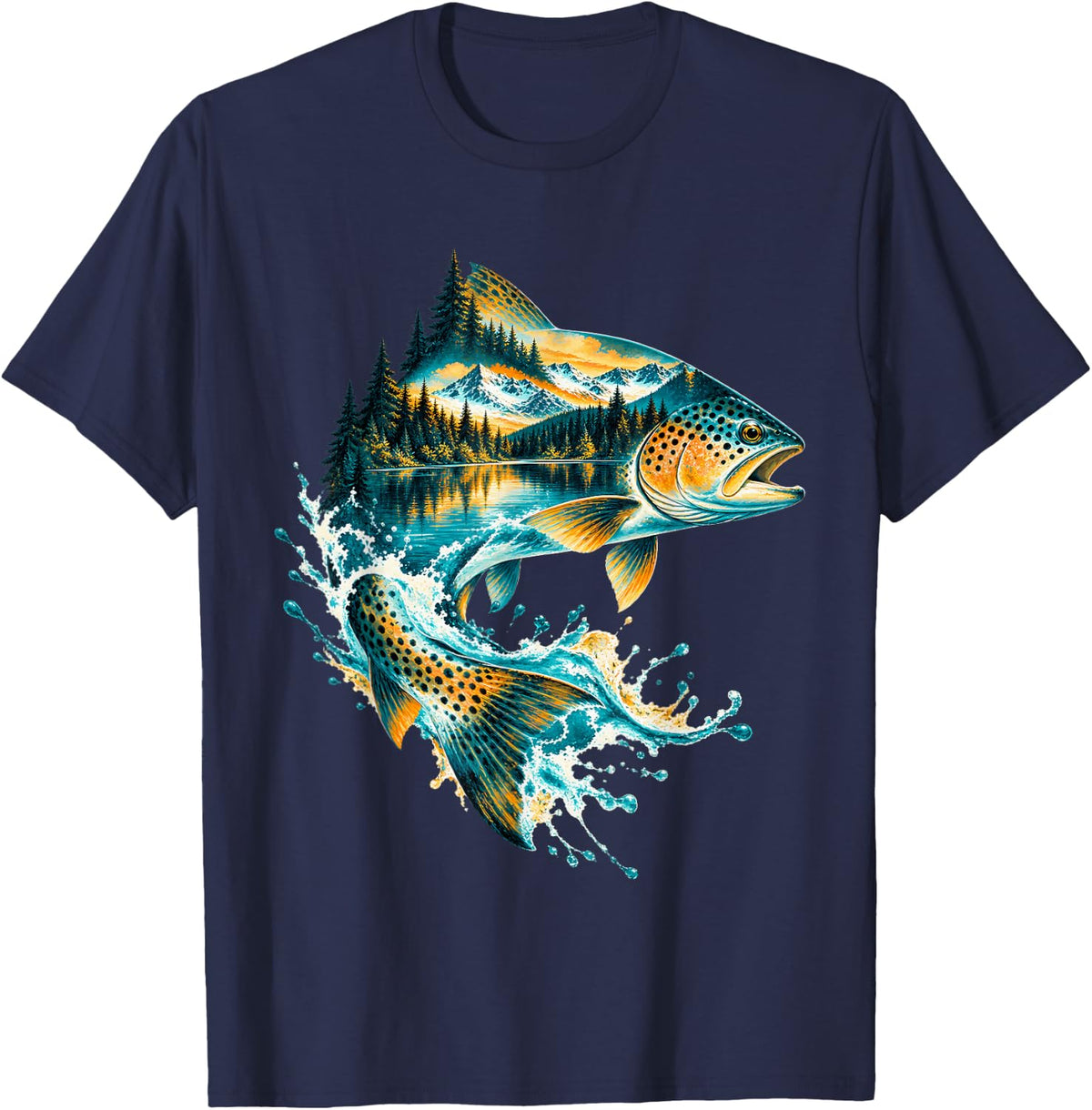Leaping Trout with Mountain Lake Scene T-Shirt - Navy Blue