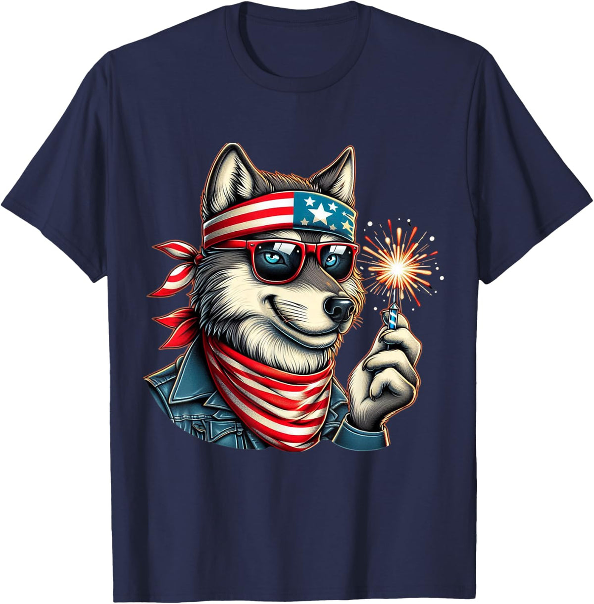 Patriotic Wolf 4th of July Fireworks American Men Boys Kids T-Shirt - Navy Blue