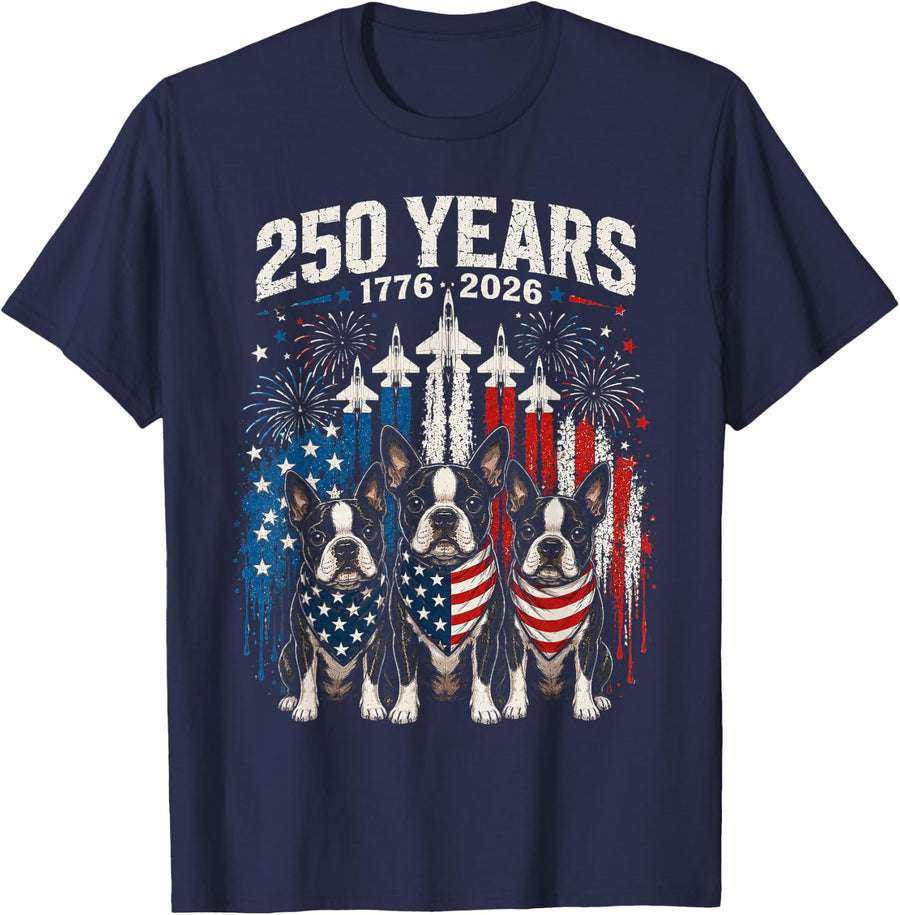250 Years America Boston Terrier Dog Patriotic USA 4th July T-Shirt - Navy Blue