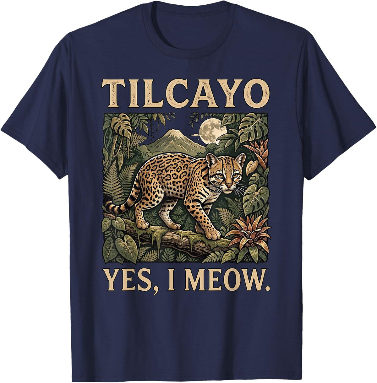 Yes I Meow Cat Lover Wildlife Leopardus Tilcayo Cat T-Shirt - Navy Blue