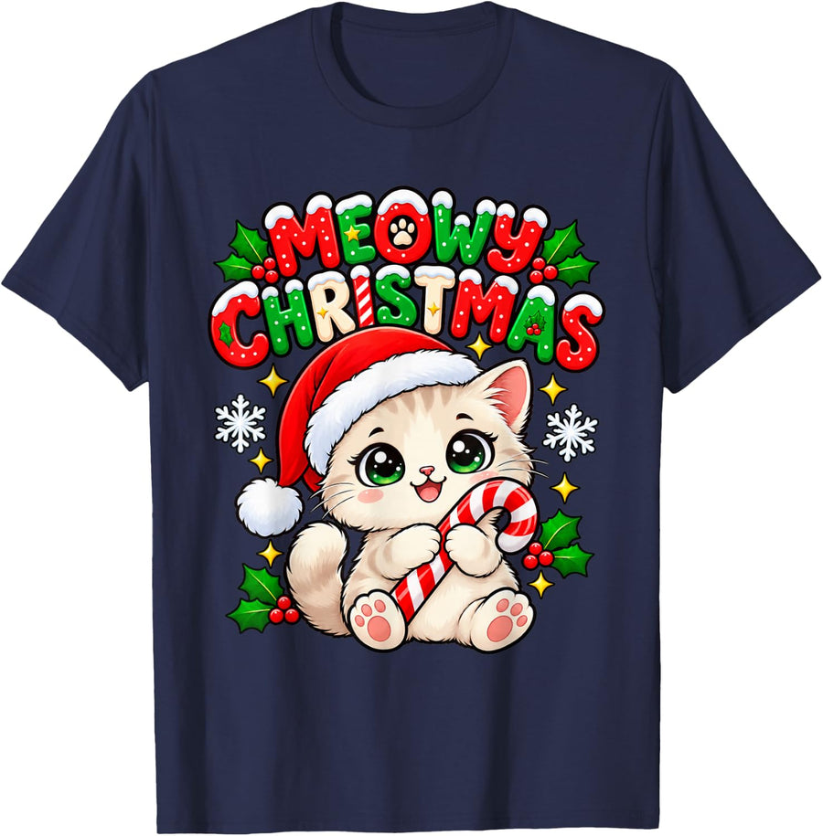 Meowy Christmas Cute Cat Kitten Santa Hat Candy Cane Fun T-Shirt - Navy Blue