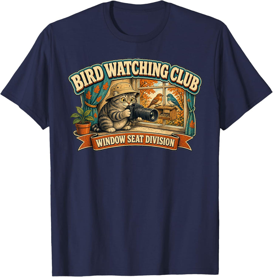 Bird Watching Club Window Perch Division Funny Cat Camera T-Shirt - Navy Blue