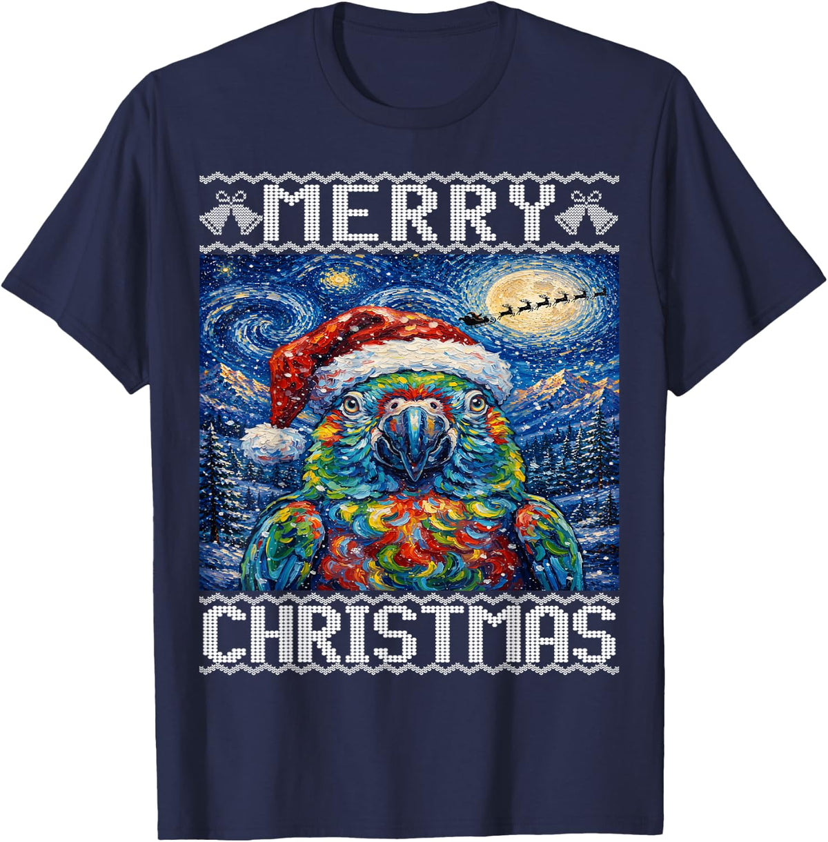 Parrot Bird Merry Christmas Ugly T-Shirt - Navy Blue