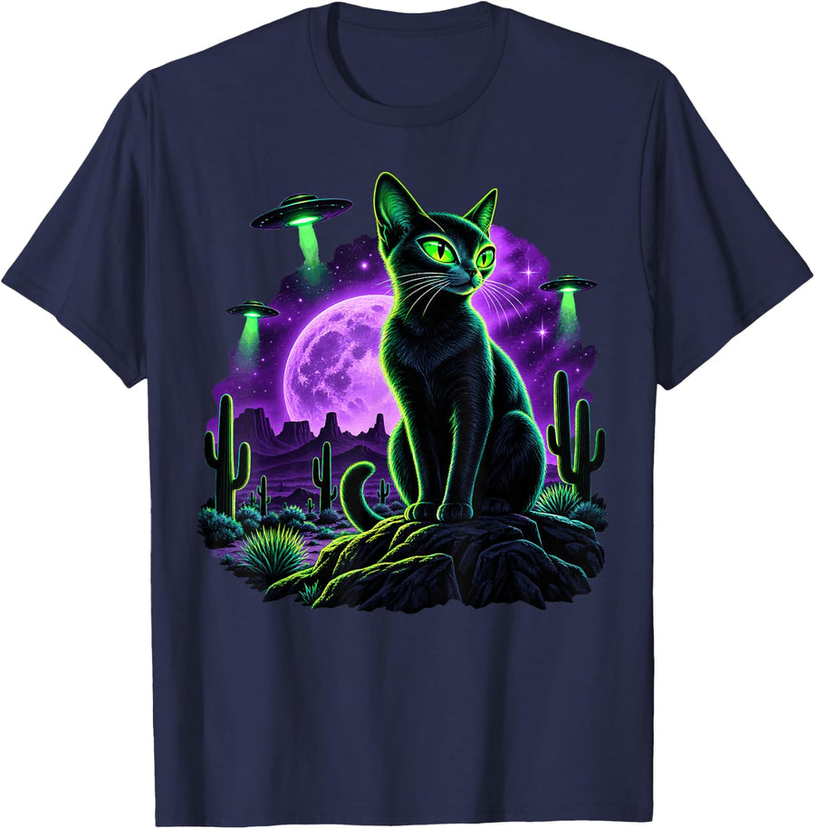 Black Green Alien Cat Under Purple Moon T-Shirt - Navy Blue