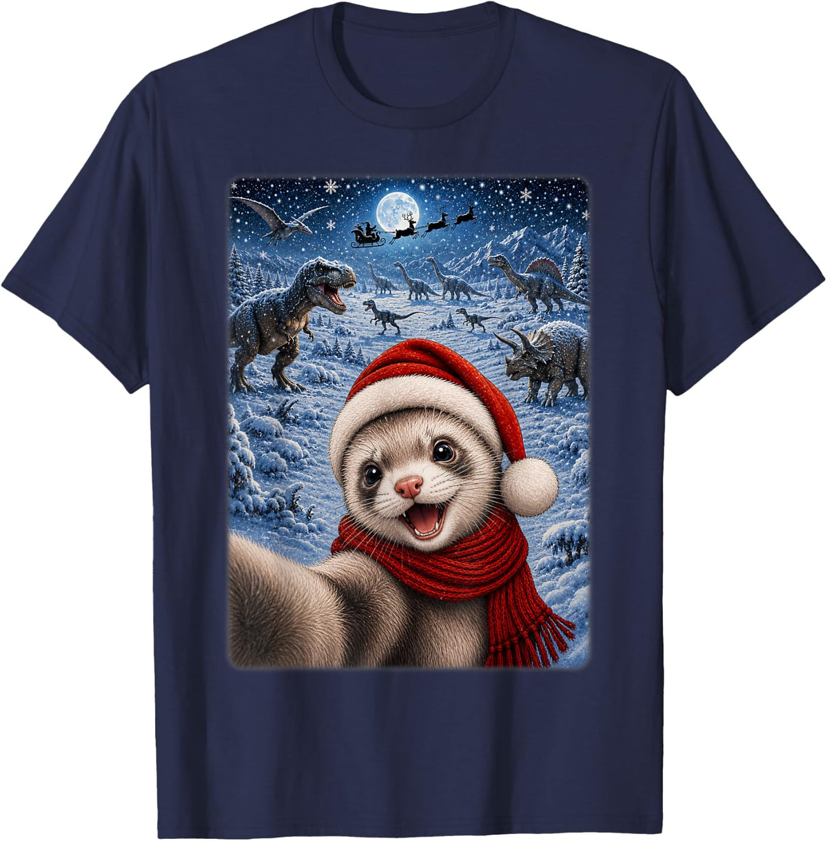 Xmas Dinosaurs Moon Night Starry Themed Ferret Christmas T-Shirt - Navy Blue