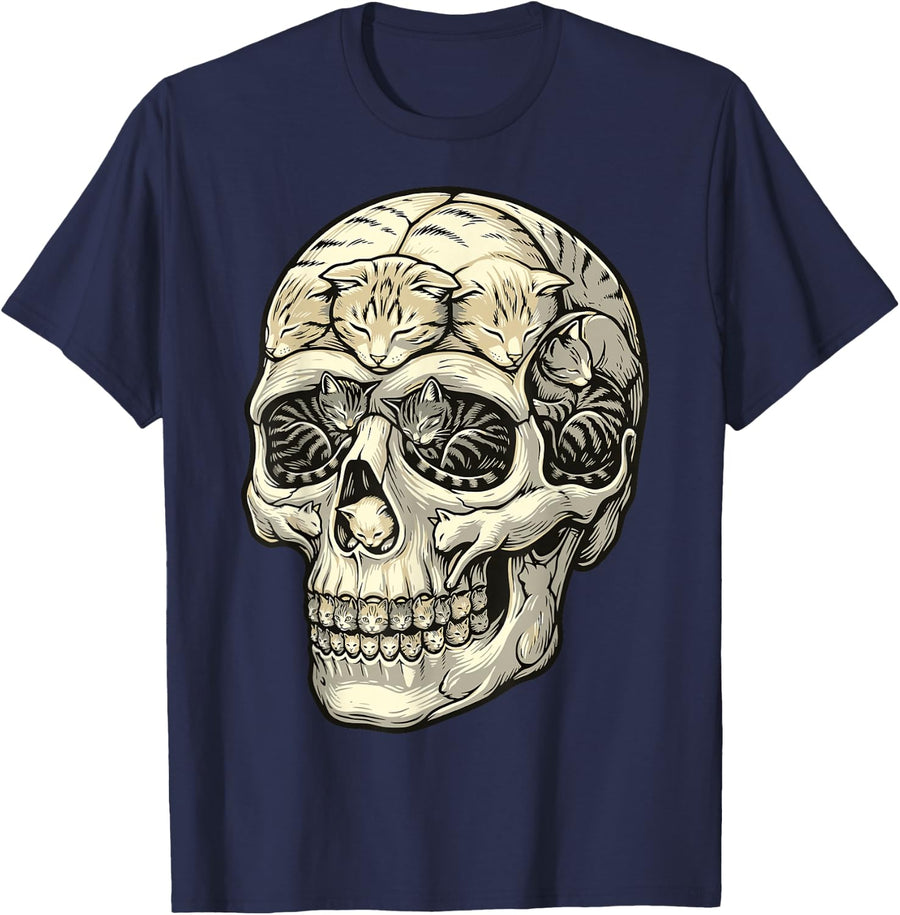 Cat Skull Funny Feline Kitty Lover Halloween Humor Full T-Shirt - Navy Blue