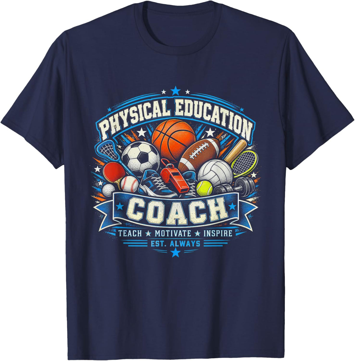 Physical Education P.E Instructor Coach Teacher Gym T-Shirt - Navy Blue