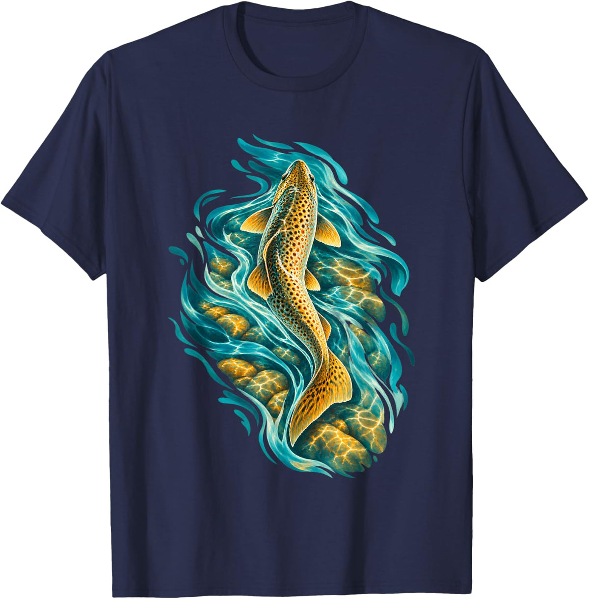 Brown Trout Swimming Over Rocks T-Shirt - Navy Blue