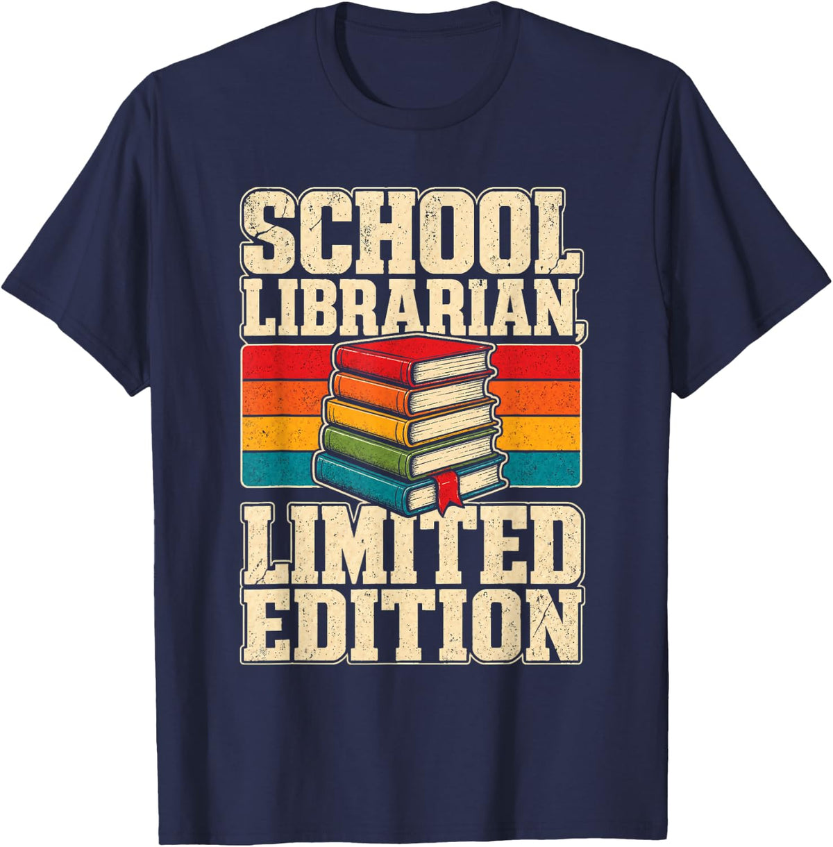 School Librarian Limited Edition Vintage Book Stack Gift T-Shirt - Navy Blue