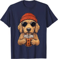 Cool Goldendoodle Hipster Dog Drinking Iced Coffee Beanie T-Shirt - Navy Blue